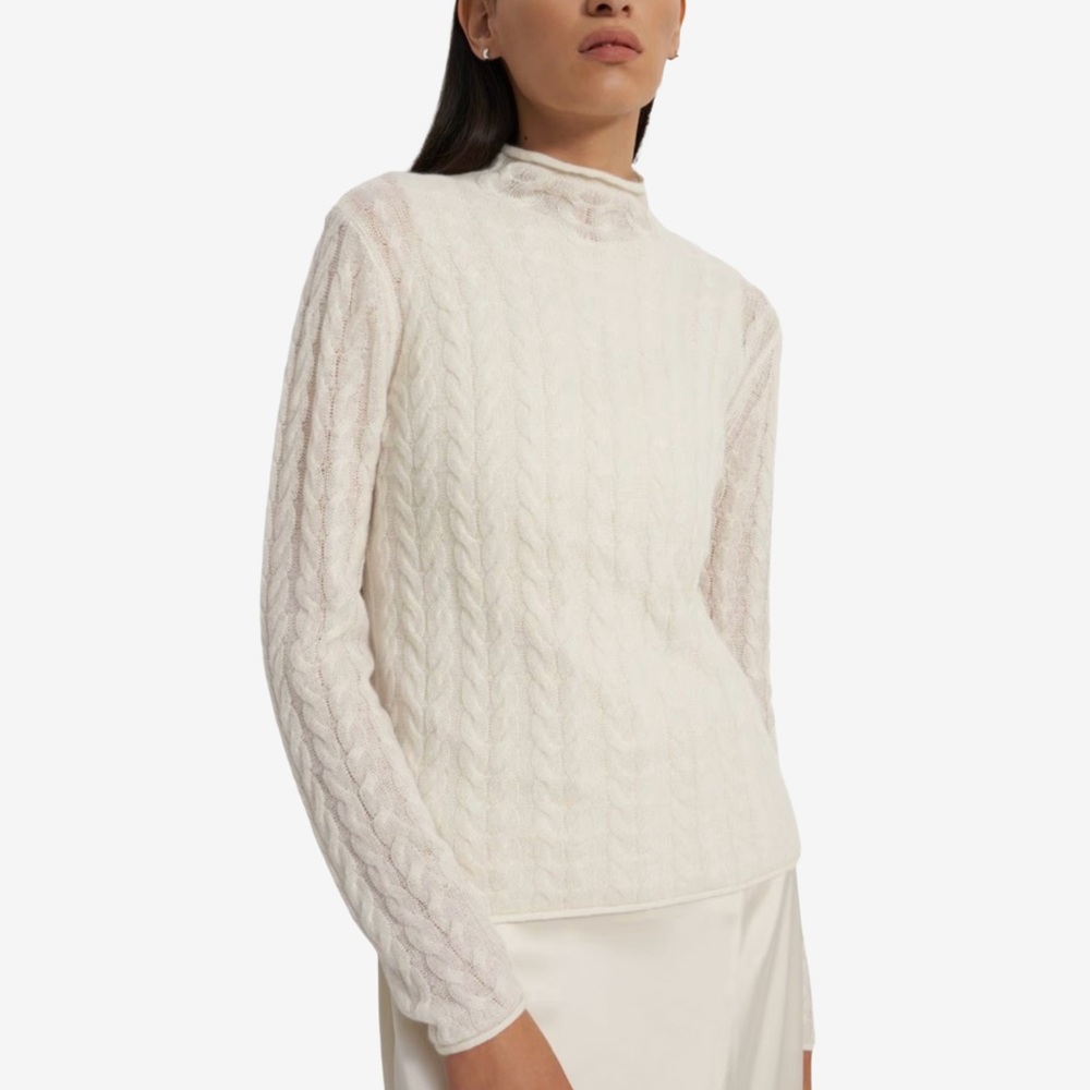 Theory Cashmere Cable Knit Mock Neck Ivory Sweater